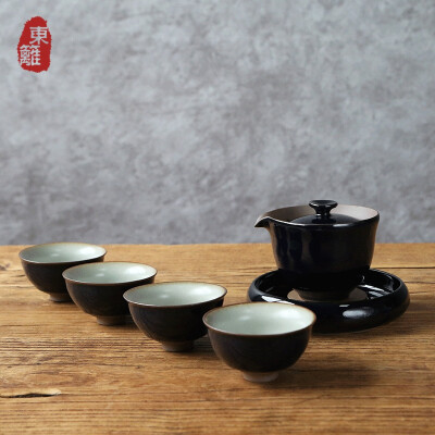 东篱茶具套装整套功夫粗陶日式禅意盖碗茶壶茶杯陶瓷公杯紫砂家用