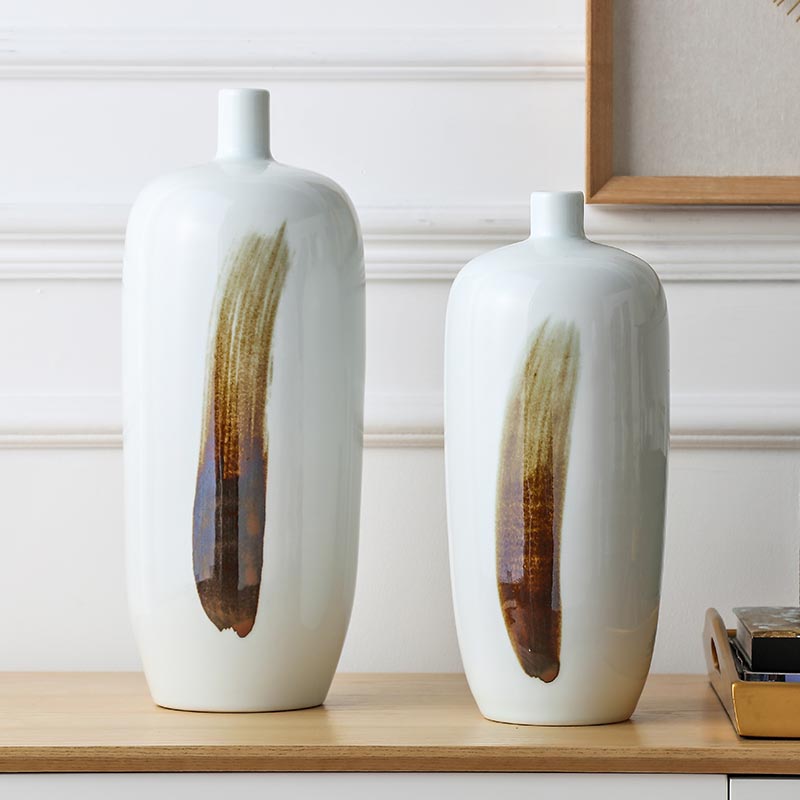 W新中式家居装饰 墨瑟芬亮釉一笔棕陶瓷摆瓶两件套 