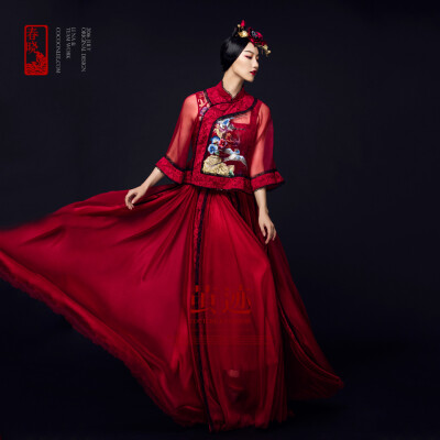 定制 茧迹2017新款红色真丝系列中式新娘服、敬酒服《春晓》