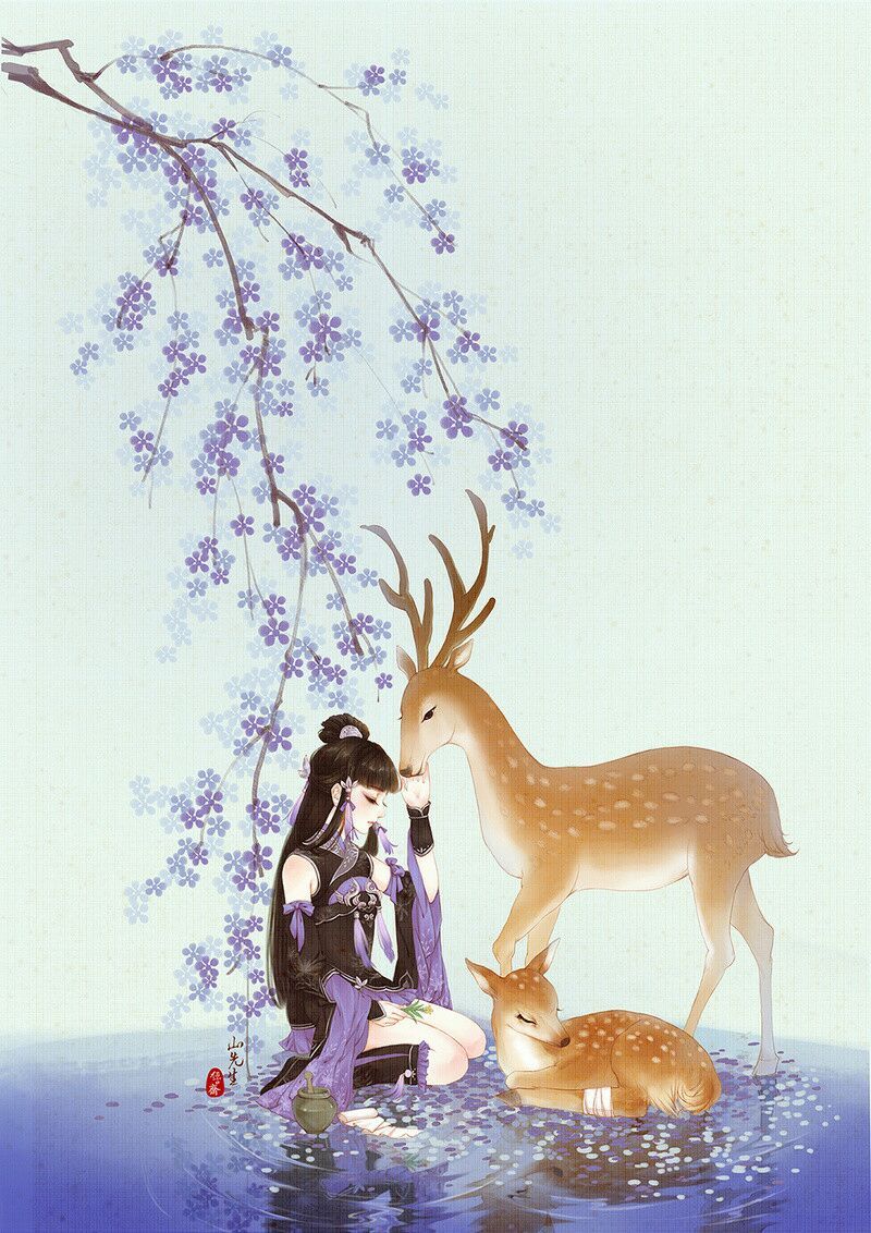 古风美人插画壁纸鹿