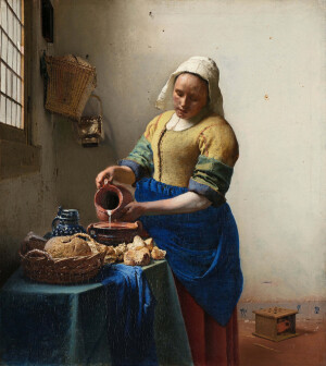 【画作名称】倒牛奶的女佣人   【创作者】约翰内斯·维米尔（Johannes Vermeer,1632—1675 荷兰） 【创作年代】1685年 【类别】油画 【规格】45×41cm 【现藏地】荷兰 阿姆斯特丹国立美术馆独立后的荷兰由于新兴的资产阶级掌权，实行新型政体，世袭贵族和教会僧侣在这里没有地位，因此，宗教、神话主题的艺术在这里也没有市场。可是，适合于市民及中产阶级口味的风俗画、风景画、静物画、肖像画却相当兴盛。也许正是由于荷兰的画家太热衷于描绘普普通通的日常生活和自然景物，而且其画幅尺寸又都不是很大，在美术史中往往被贬称为“小荷兰画派”（不包括哈尔斯和伦勃朗）。