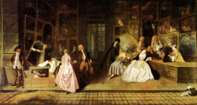 1719年华托赴伦敦求医，并遵医嘱到意大利疗养， 1720年回到巴黎。应为他经售作品的画商兼收藏家谢尔桑(G ersaint，1695—1750)的请求，用8天的时间完成了他最后的杰作《谢尔桑的画店》。这幅画高163cm，宽308cm，生…