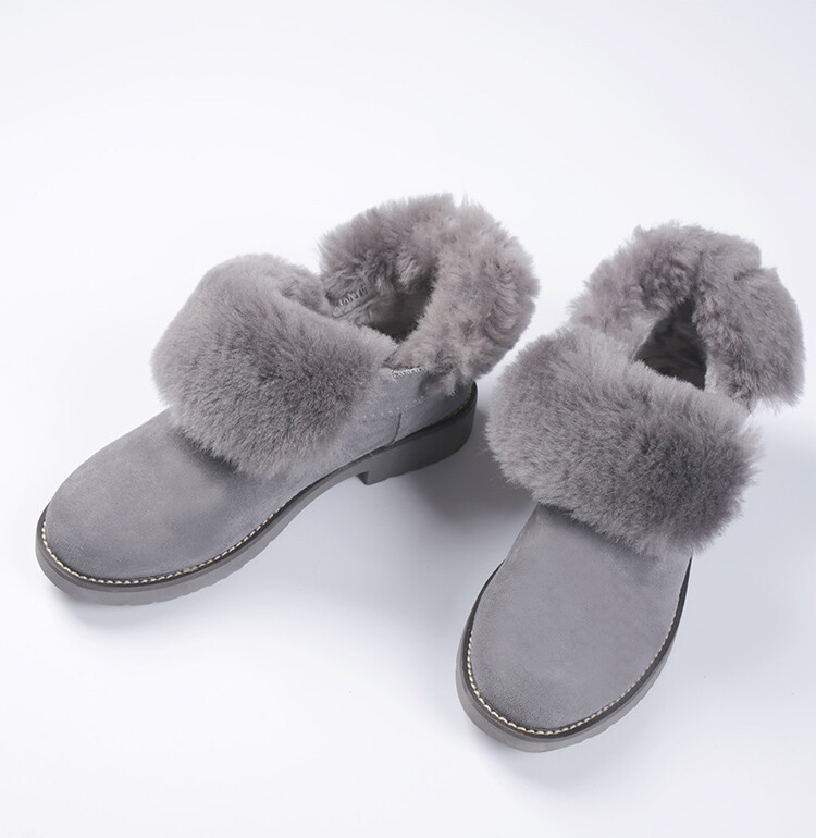 soloki韩国冬季百搭超厚实保暖翻边羊毛皮毛一体雪地靴短靴 女