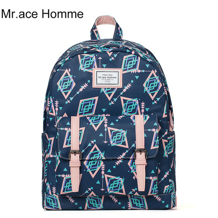 Mr.ace Homme双肩包女韩版学院风学生书包大容量印花旅行包电脑包