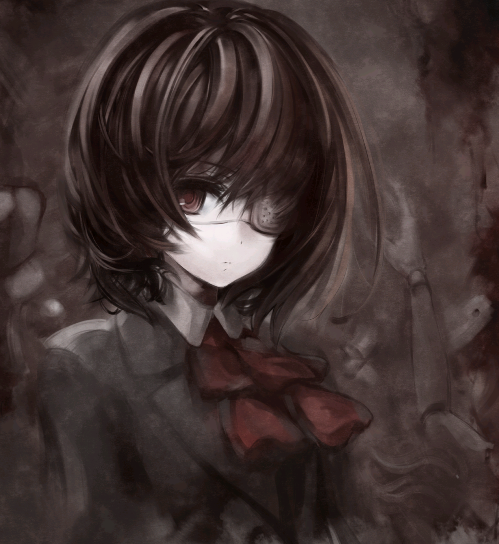 【来源P站，侵删】見崎鳴
画的时候感觉自己有向虚渊玄发展的趋势...
画师：ephtracy
见崎鸣，悬疑推理小说及后续改编动漫作品《Another》（《替身》）中的女主角之一，原姓“藤冈”。4岁时左眼中长了恶性肿瘤，后摘除了左眼。现在的左眼是母亲做的“人偶义眼”，平时绑有眼罩，并可以看到正常人看不见的东西。兴趣是绘画，经常带着速写本。
二次元/暗黑系(黑暗)动漫/原创/同人画/插画/手绘/头像/壁纸/锁屏/背景/美少女/三无少女/黑发/鲍伯式短发/红瞳/眼罩/制服/唯美