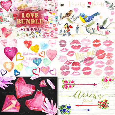 PNG免抠 唯美情人节KISS红唇印水彩手绘素材粉色背景PS设计资源