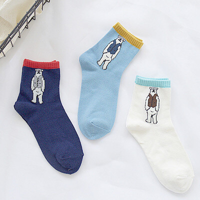 4双装秋冬新款韩版可爱卡通字母小熊刺绣纯棉女袜中筒袜子包邮