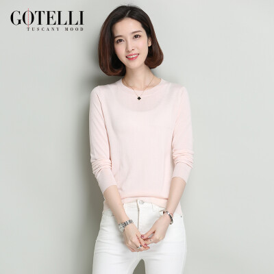 GOTELLI2017年春季女装天丝针织打底衫毛衣纯色圆领长袖毛衣