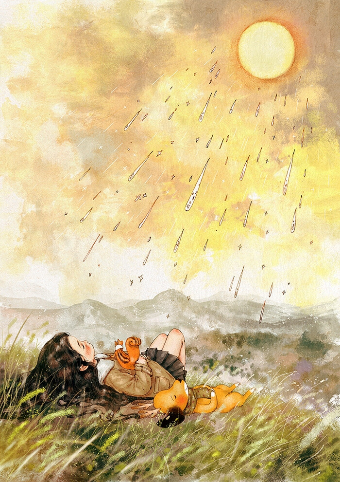 阳光如雨般洒下，闭上眼，静享温暖的时光 ~ 来自韩国插画家Aeppol 的「森林女孩日记-2017」系列插画。