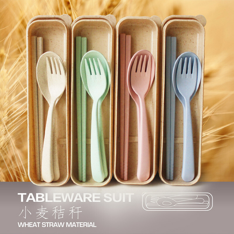 可降解小麦餐具盒套装便携式旅行白领学生筷子勺子叉子餐具三件套