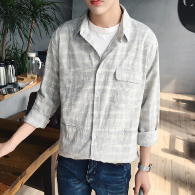 港风春装韩版格子衬衫男长袖青少年学生修身衬衣薄款潮流外套