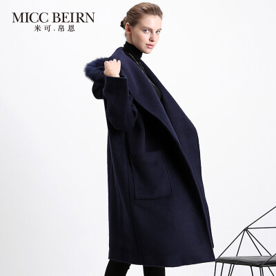 Miccbeirn冬装狐狸毛领长款大衣 女 直筒系带毛呢外套