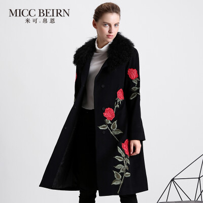 Miccbeirn冬款绣花长袖奢华羊羔毛领羊毛呢子大衣外套女