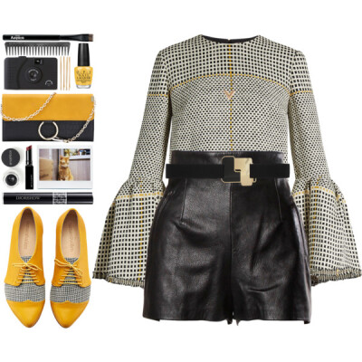 A fashion look from February 2017 featuring flared sleeve top, moschino shorts and yellow oxford shoes. Browse and shop related looks.