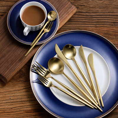 葡萄牙设计创意304不锈钢西餐餐具牛排刀叉勺套装 金色拉丝三件套