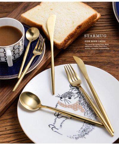 葡萄牙设计创意304不锈钢西餐餐具牛排刀叉勺套装 金色拉丝三件套
