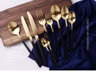 欧式葡萄牙西餐餐具4件高档金色哑光不锈钢牛排刀叉汤勺茶勺套装