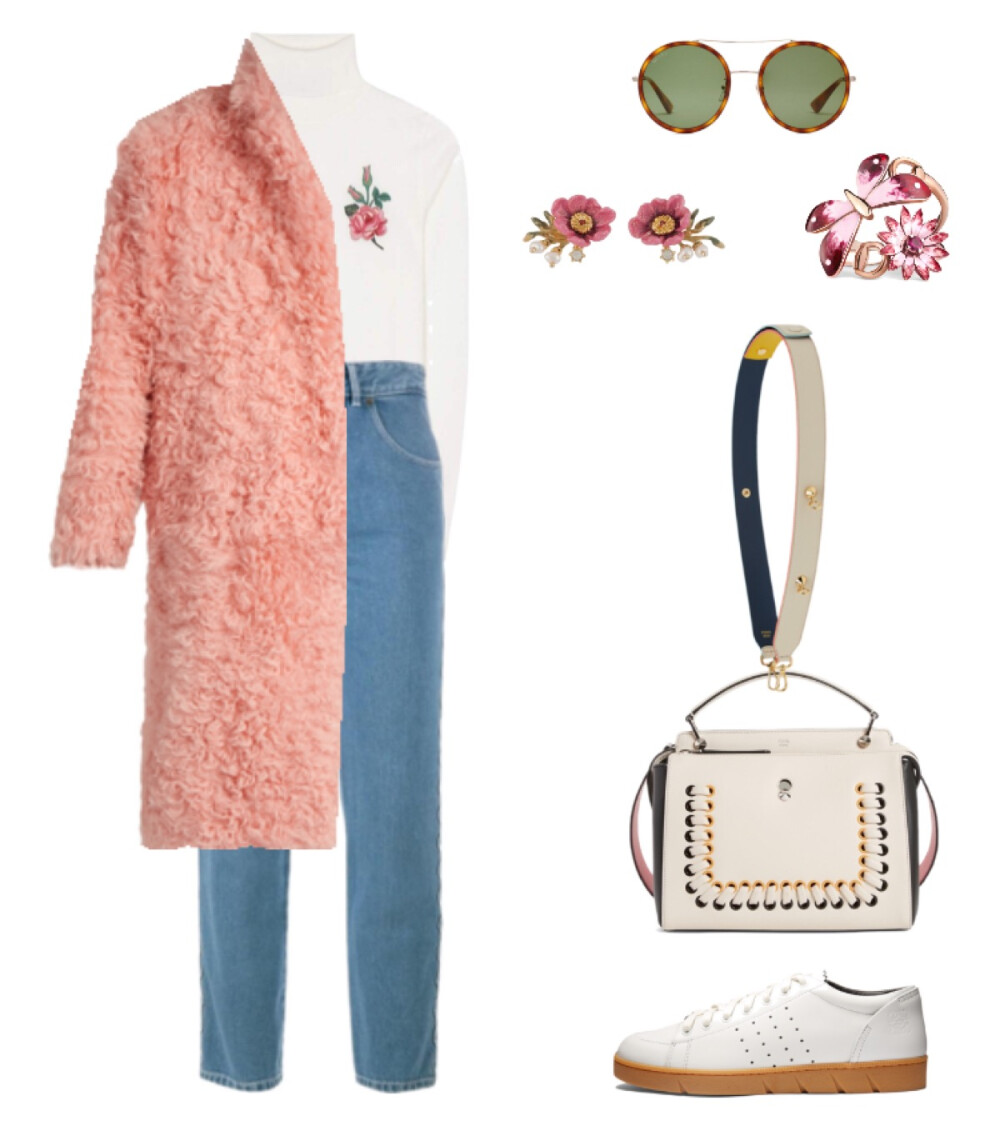 preen by thornton coat，Gucci sweater、sunglasses、ring，Chloé jeans，Loewe sneaker，Fendi bag，Les Nereides earrings#2017