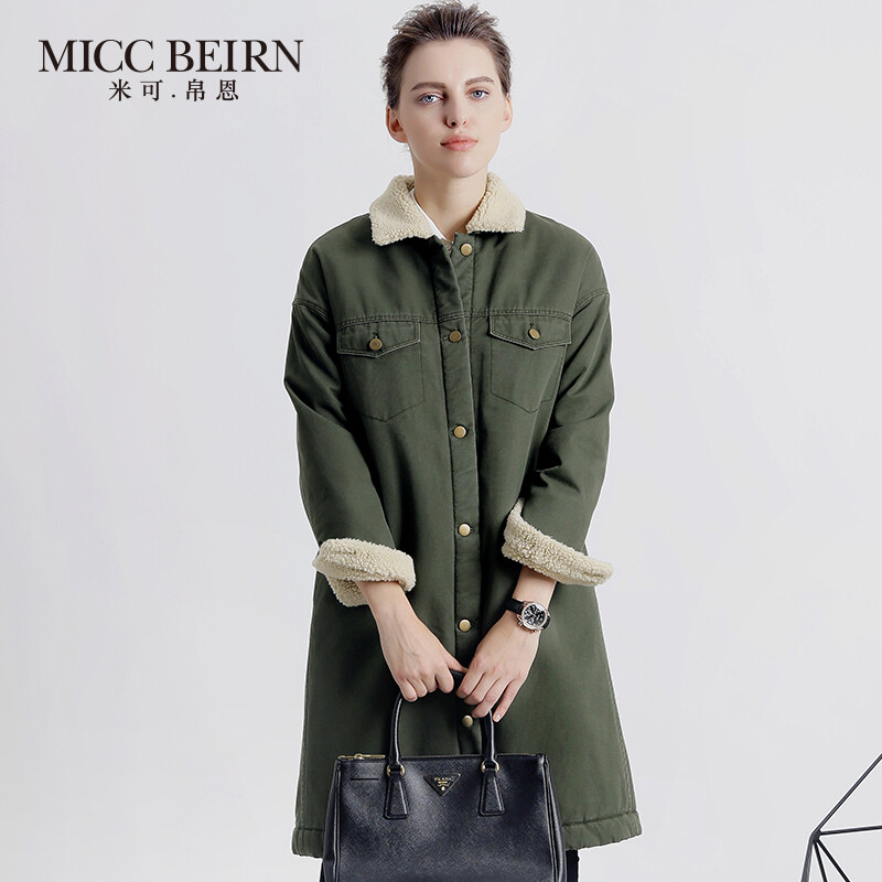Miccbeirn2016冬季羊羔毛军绿色大衣中长款翻领棉衣外套女装