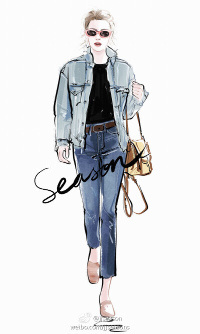 #jjseason插画# #欧美明星插画# -----#Emma Roberts#身着Ralph Lauren牛仔外套搭配AG Vintage仔裤，Elizabeth and James眼镜，Chloe “Faye”拼色包，青春帅气私服街拍。