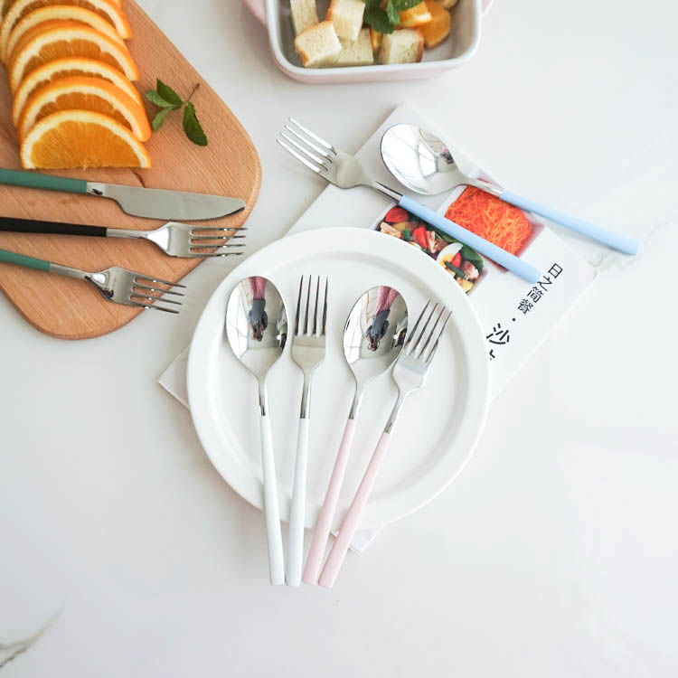 糖果色磨砂手柄304不锈钢牛排刀叉汤勺筷子意面勺叉 家用西餐餐具