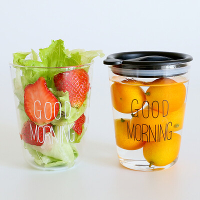 两件包邮HZ日系简约创意玻璃早餐牛奶杯果汁杯早晨水杯子塑料杯盖