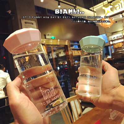 韩国钻石菱形简约透明玻璃水瓶男女士时尚情侣带盖防漏随手水杯子
