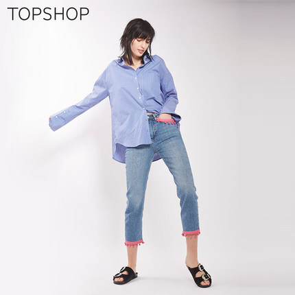 TOPSHOPSTRAIGHT中腰直筒版民族刺绣裤边牛仔裤02G67KMDT