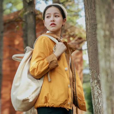 花吉Y510日系文艺黄色连帽羊羔绒棉服 女小宽松工装休闲外套1010