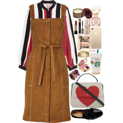 A fashion look from February 2017 featuring suede dresses, striped shirt and flat shoes. Browse and shop related looks.