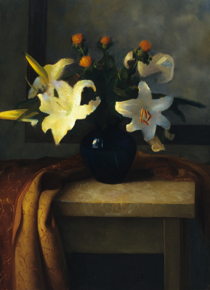 Juliette Aristides/
Lilies/
Oil on linen/
-2009/
86.36 x 66.04 cm/
(34" x 26")/
Private collection