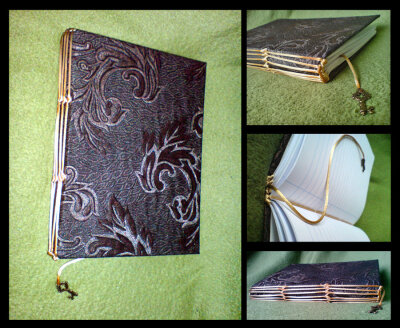 The cover is synthetic leather, bound with silk cords in long stitch style. I think I'll make more variations of this one, since several people seemed to like the orginal textbook. =]