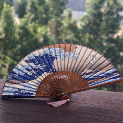 4把 日式扇真丝 头青 神奈川冲浪里 女式扇 和风扇子