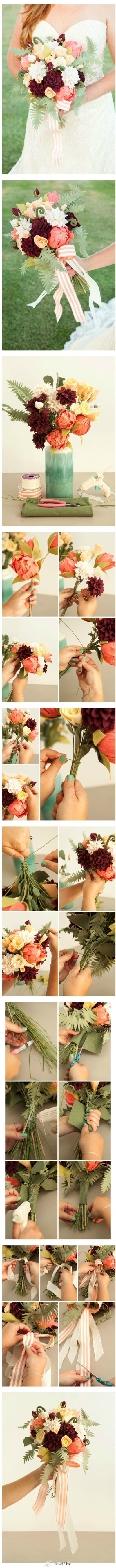 #DIY#手工--手捧花：不织布手捧花，不仅可以在婚礼上用上，而且能够永久保存，在以后的周年纪念里，都可以拿出来回忆~ ​​​​