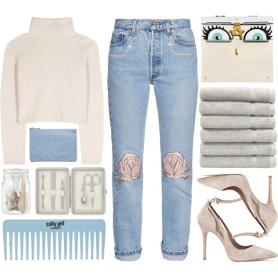 A fashion look from February 2017 featuring pink crop top, high-waisted jeans and nude shoes. Browse and shop related looks.