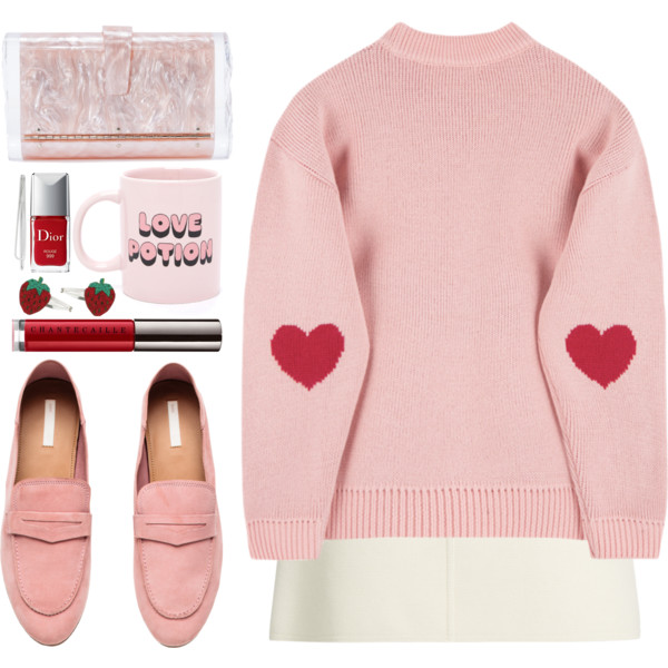 A fashion look from February 2017 featuring round neck sweater, white a line skirt and h&m loafers. Browse and shop related looks.