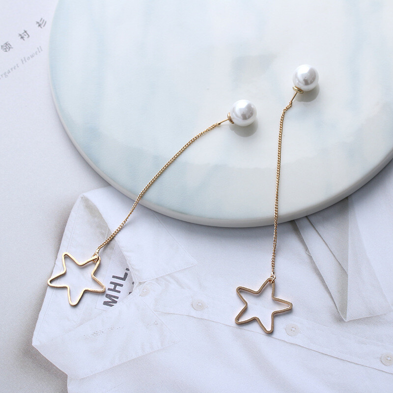 韩版创意五角星珍珠长款银饰耳钉流苏可拆后挂式星星珍珠耳饰