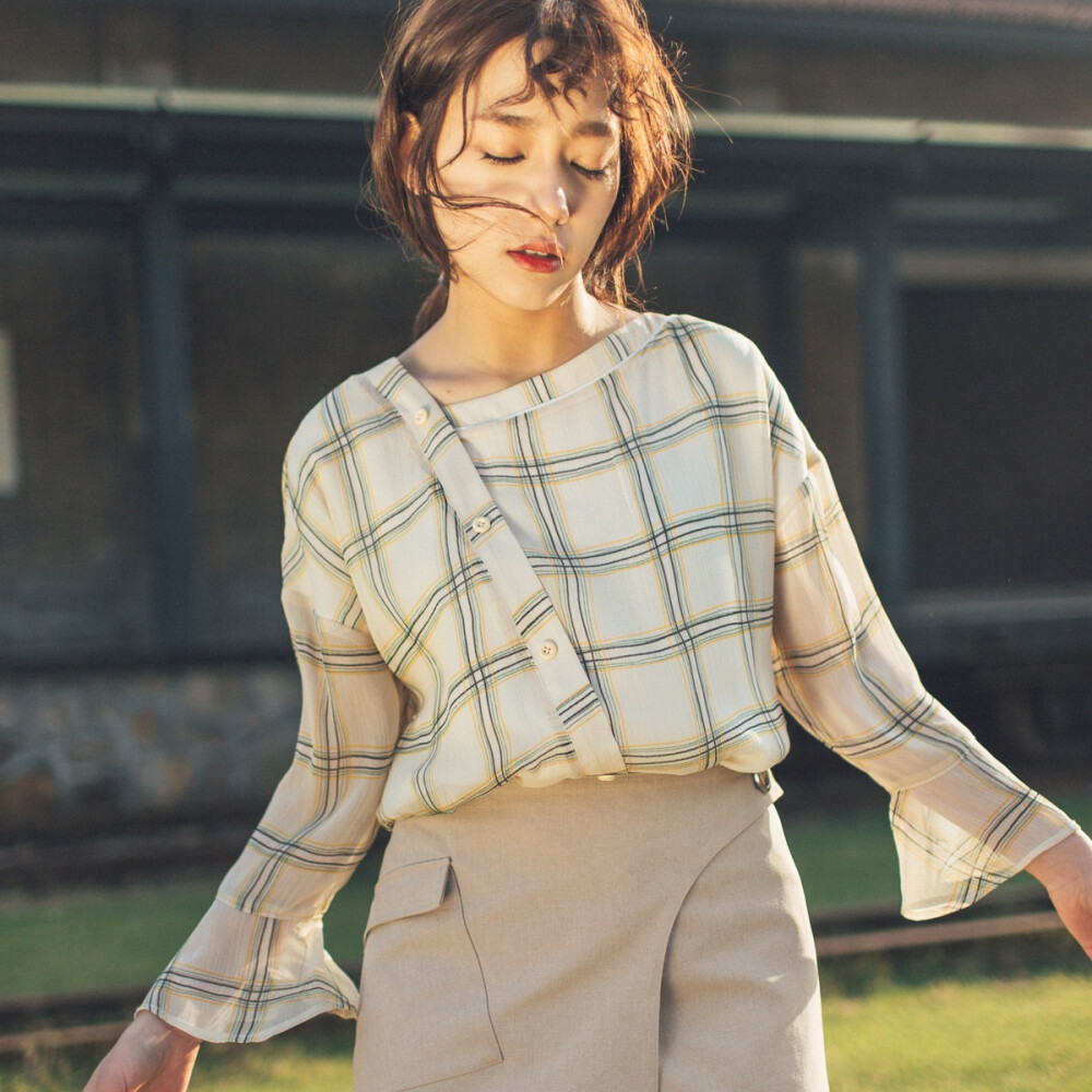 安妮陈格子雪纺衬衫女长袖春装韩版宽松女装上衣打底衬衣