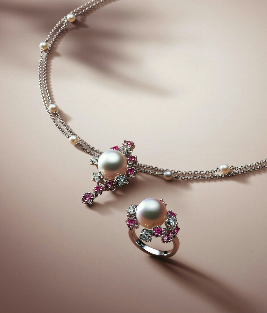 Mikimoto 珍珠+钻石+红宝石+白金镶嵌项链 戒指