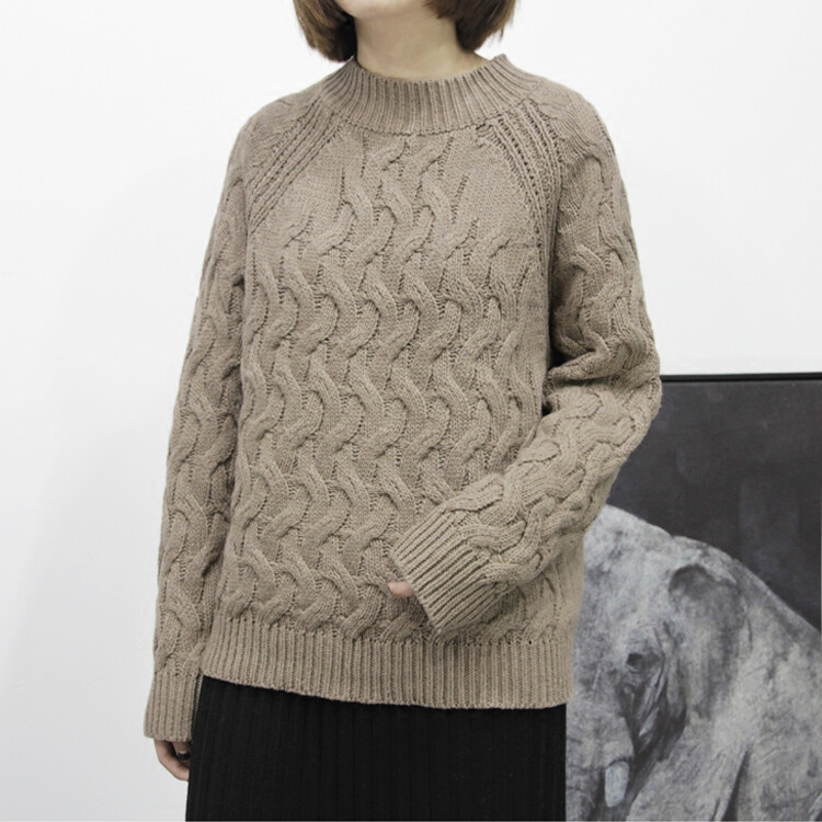 nizon中领纯手工钩麻花套头毛衣奶咖灰蓝