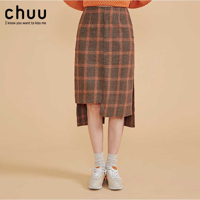 chuu2017年春季新款复古给子不规则裁剪修身显瘦H型格纹半身裙