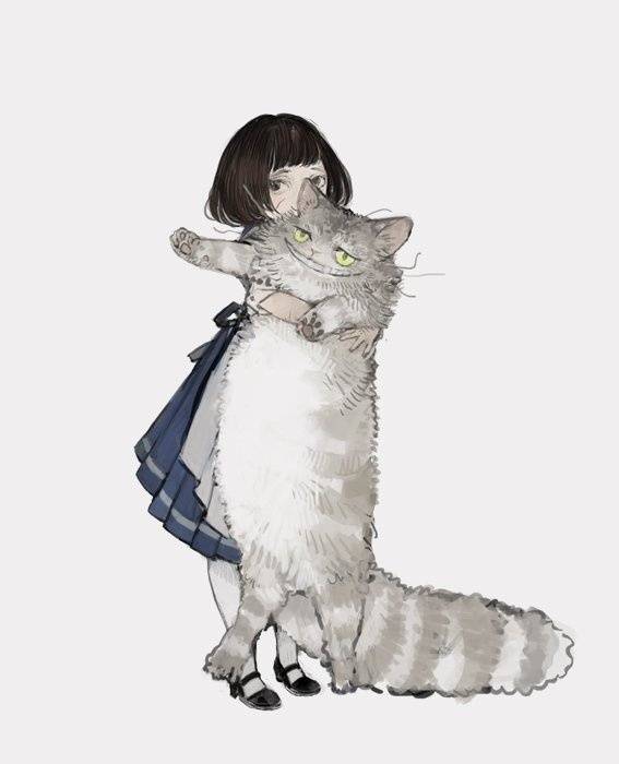 【少女和猫】可爱的插画艺术作品，画师 ねこ助 。