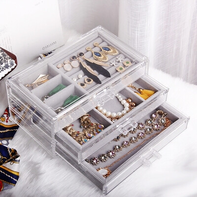 首饰收纳盒 透明亚克力化妆品收纳盒韩国公主戒指盒手饰品盒绒布