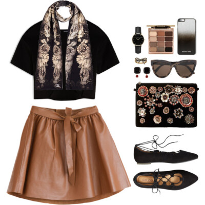 A fashion look from February 2017 featuring loose shirt, brown skirt and flat shoes. Browse and shop related looks.