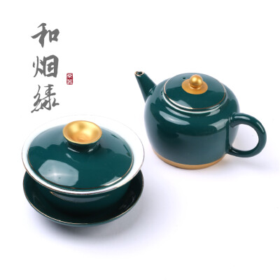 不器家陶瓷功夫茶具 景德镇孔雀绿盖碗 茶壶.和烟绿