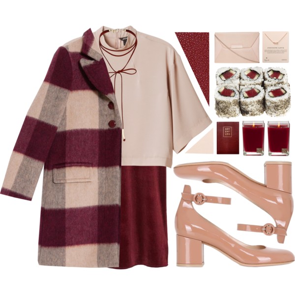 A fashion look from March 2017 featuring red velvet dress, 3/4 sleeve tops and purple coats. Browse and shop related looks.