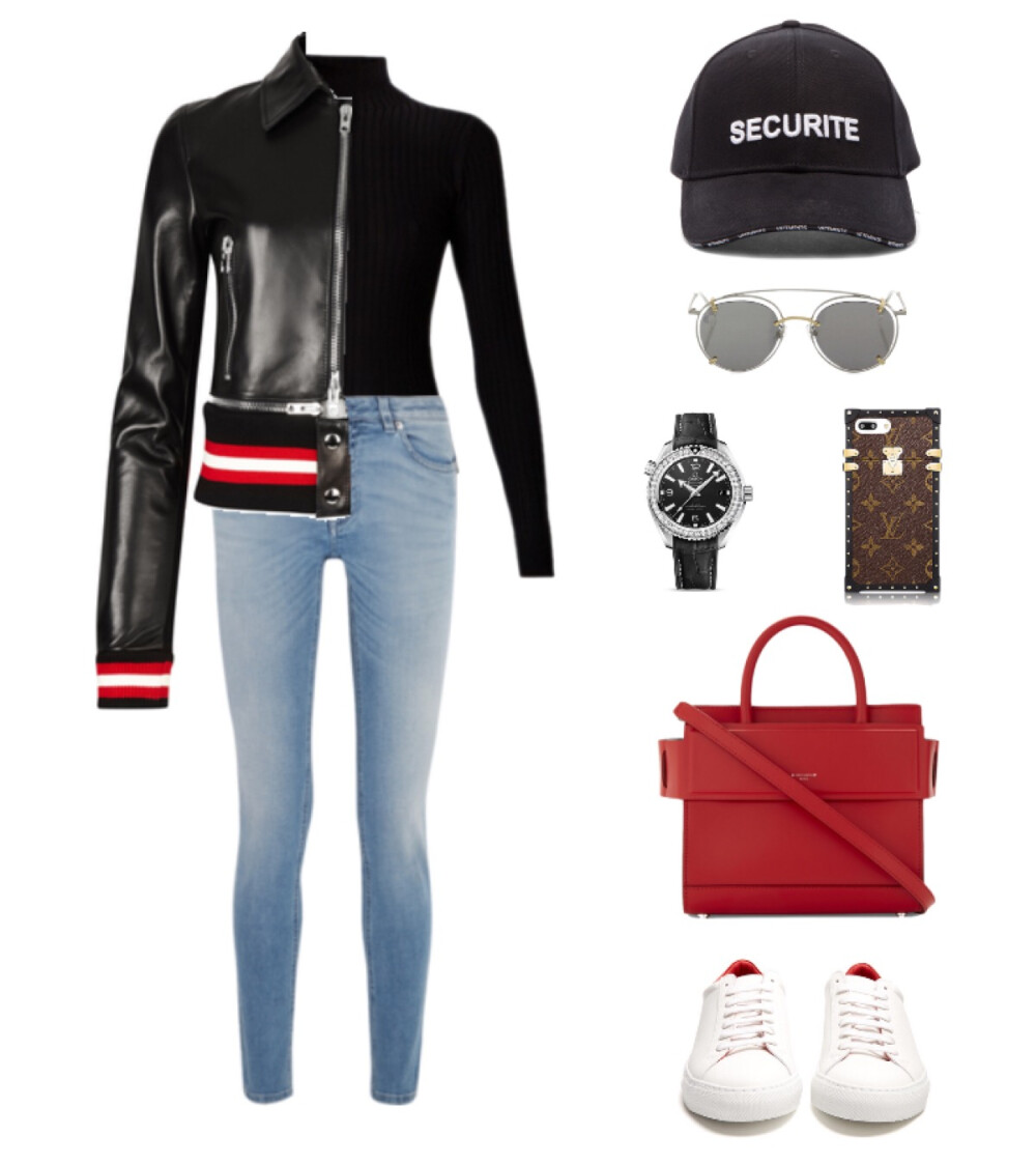 Givenchy jacket、jeans、sneakers、bag、Vetements hat，Gentle Monster sunglasses，Omega watch，Louis Vuitton ipone case#2017