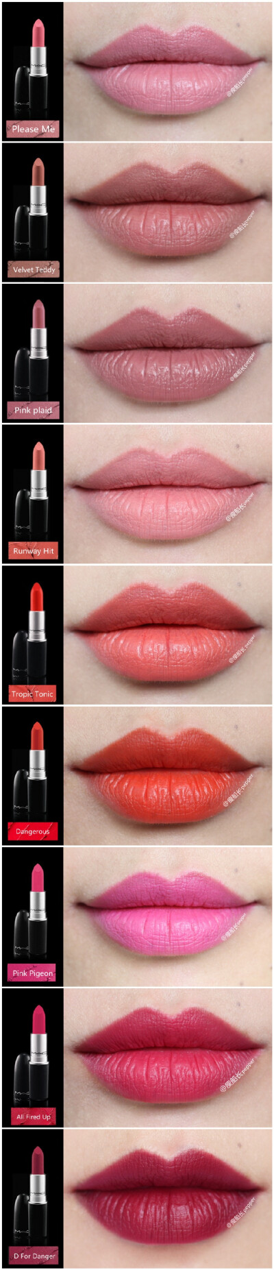 #唇色# MAC Matte Lip 15只唇膏试色~断断续续收的，拍照背景有点不同~我手边所有的matte系列唇膏了，都说这个系列干，我倒觉得还好matte本来也不是滋润的系列呀~好多经典色号还没收，有机会慢慢收了再试色~#美妆手帐…