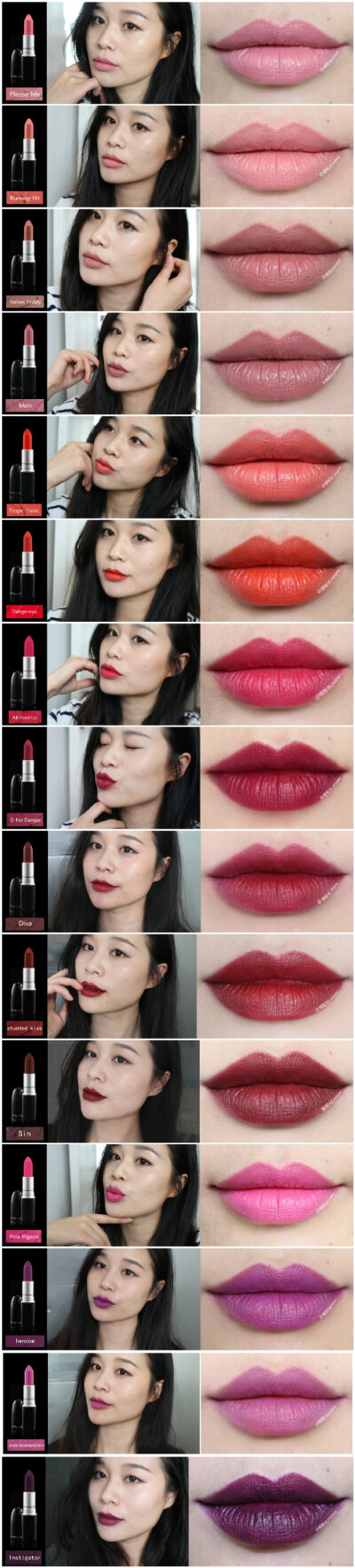 #唇色# MAC Matte Lip 15只唇膏试色~断断续续收的，拍照背景有点不同~我手边所有的matte系列唇膏了，都说这个系列干，我倒觉得还好matte本来也不是滋润的系列呀~好多经典色号还没收，有机会慢慢收了再试色~#美妆手帐…