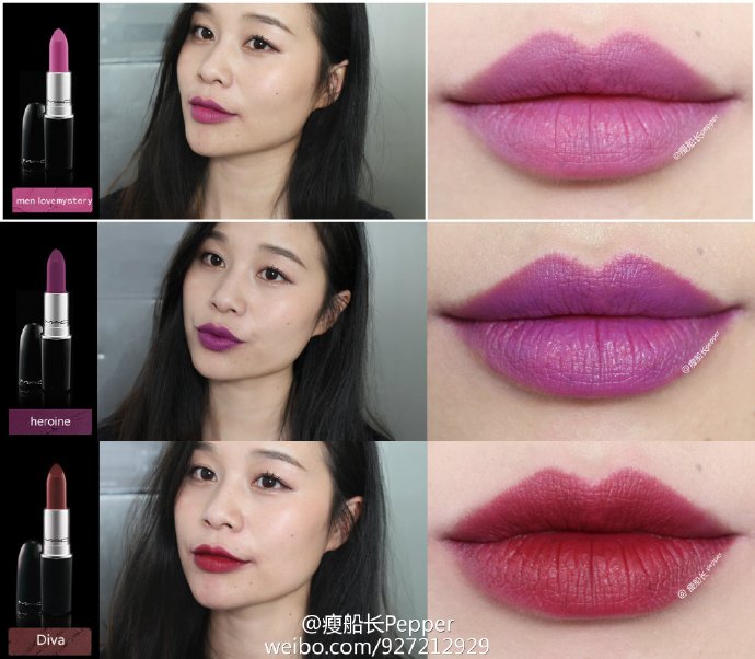 #唇色#MAC matte 【柔感哑光3只】色号：【men love mystery】【heroine】【 diva】~~diva我涂的很淡，如果厚涂的话很浓郁~前两张紫色调的吧，黄皮用真的很丑，但是但看颜色真的很美，忍不住不收~还有9个颜色没试色，都是正常色啦，感觉后面试色会很愉快哈哈凑不到九图，后面两张纯属凑数哈哈~ ​​​​...展开全文c